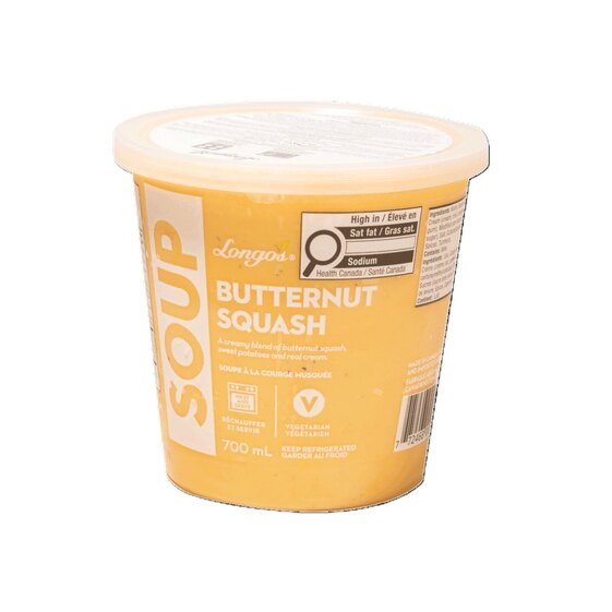 Longo’s butternut squash soup with sweet potatoes and cream in a ready-to-heat vegetarian soup tub.